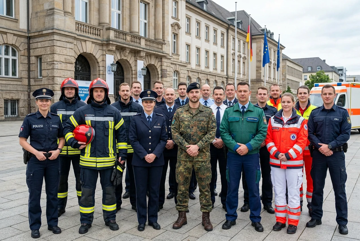 Eine Gruppe von Menschen steht vor einem Gebäude.