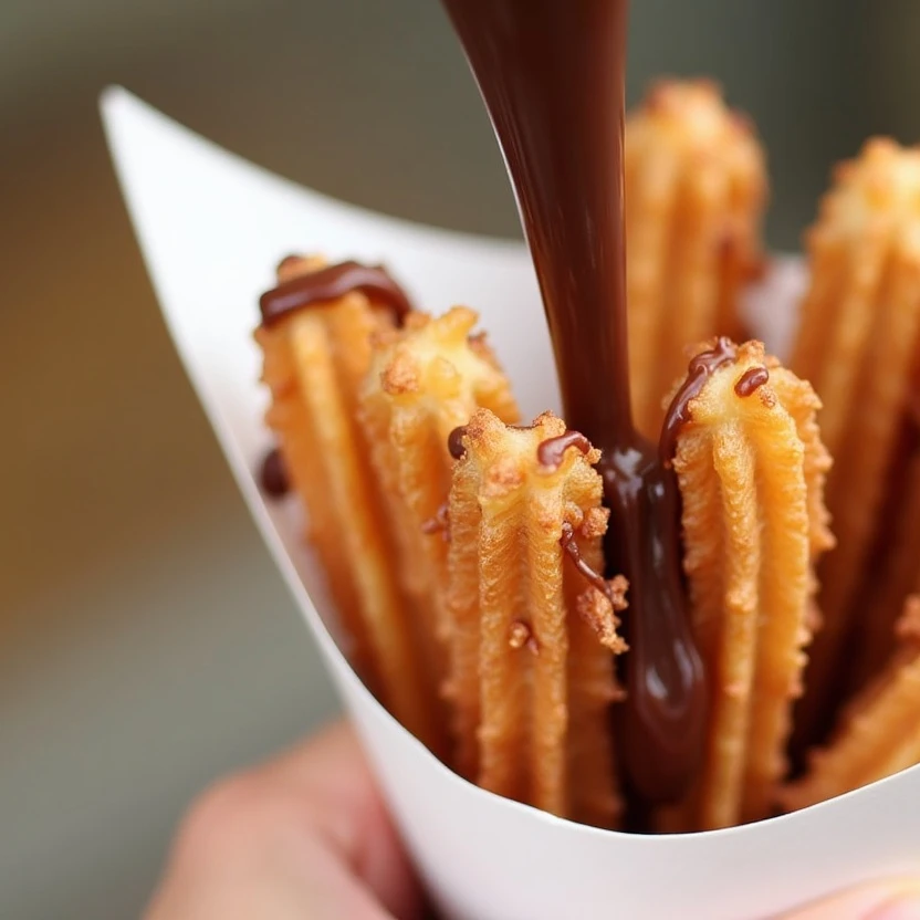 Churros mit Schokoladensauce. Eine Hand hält einen Pappbecher mit Churros und Schokoladensauce.