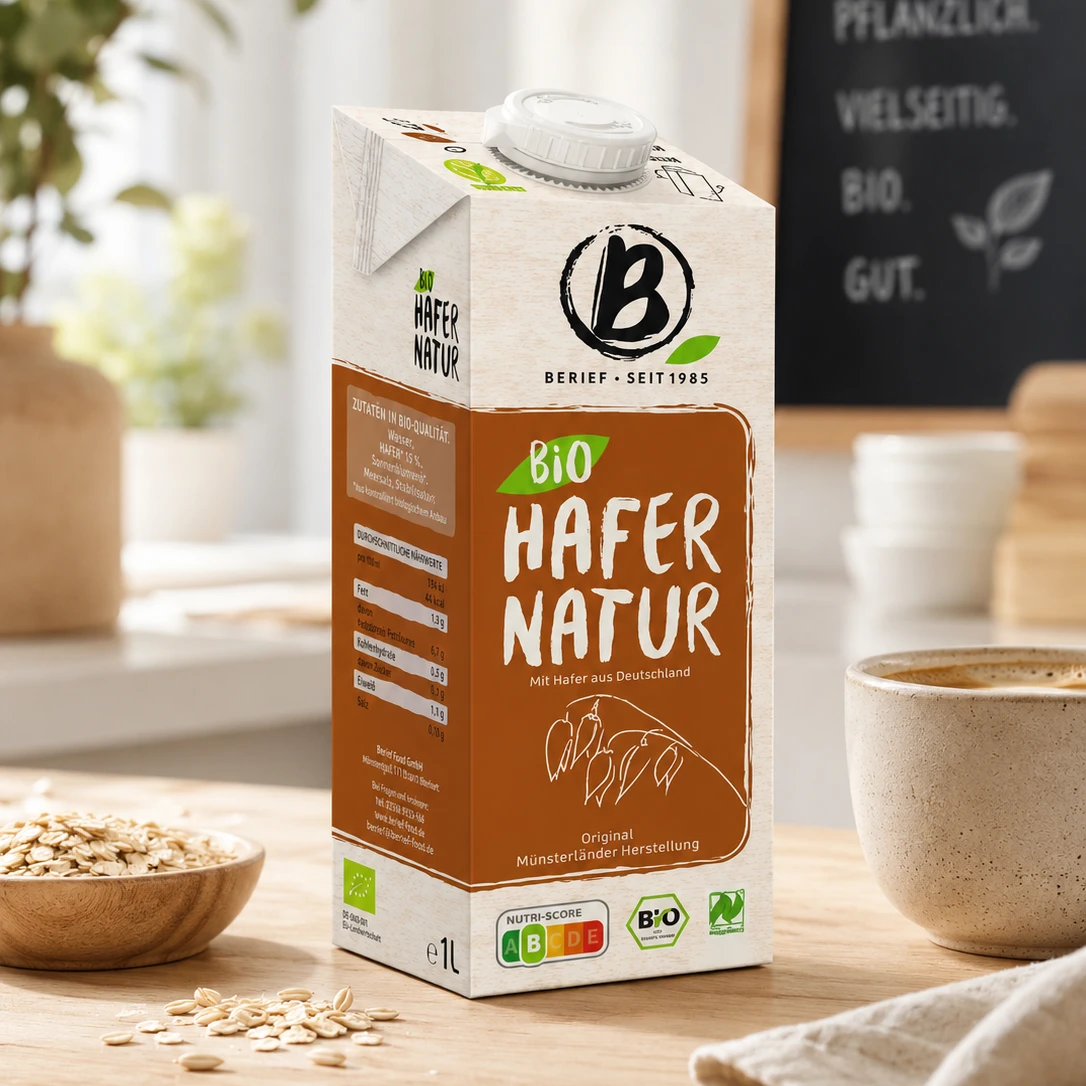 Ein Haferdrink auf einem Tisch Haferdrink und eine Tasse Kaffee auf einem Tisch.