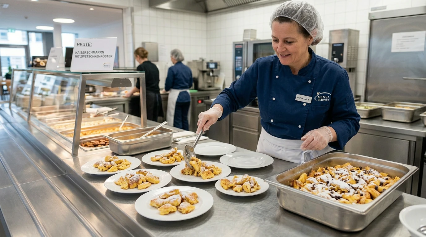 Eine Frau in einer Ausgabe, die Kaiserschmarrn portioniert. Eine Frau in einer Ausgabe, die Kaiserschmarrn portioniert.