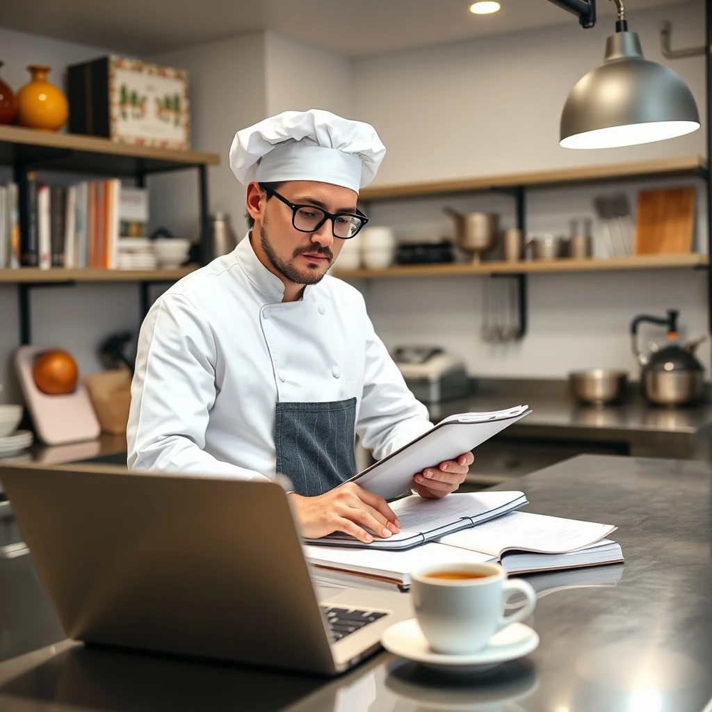 Küchenchef bestellt Lebensmittel im Webshop Küchenchef bestellt Lebensmittel im Webshop