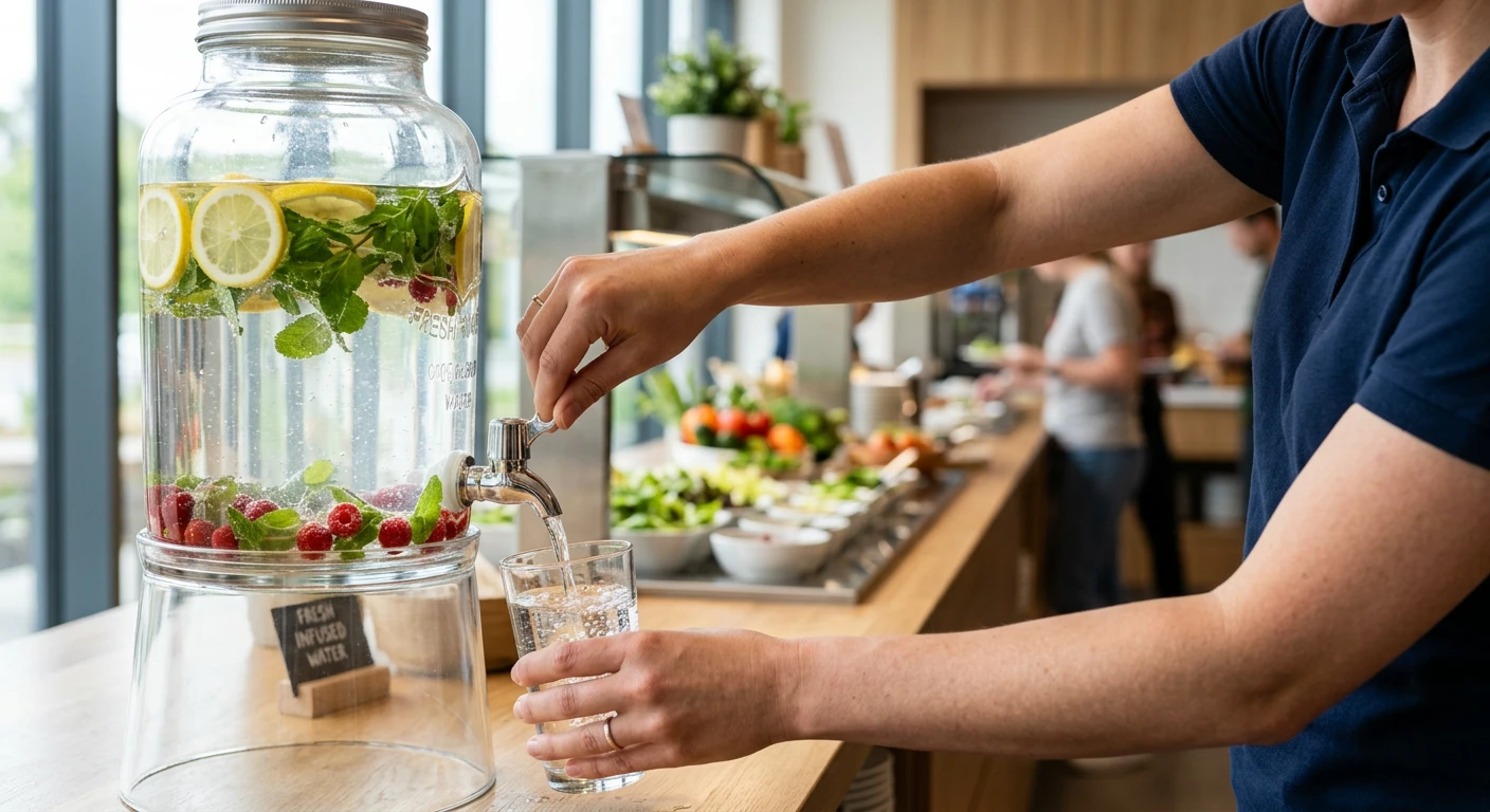 Eine Person gießt Wasser in ein Glas Eine Person gießt Wasser in ein Glas.
