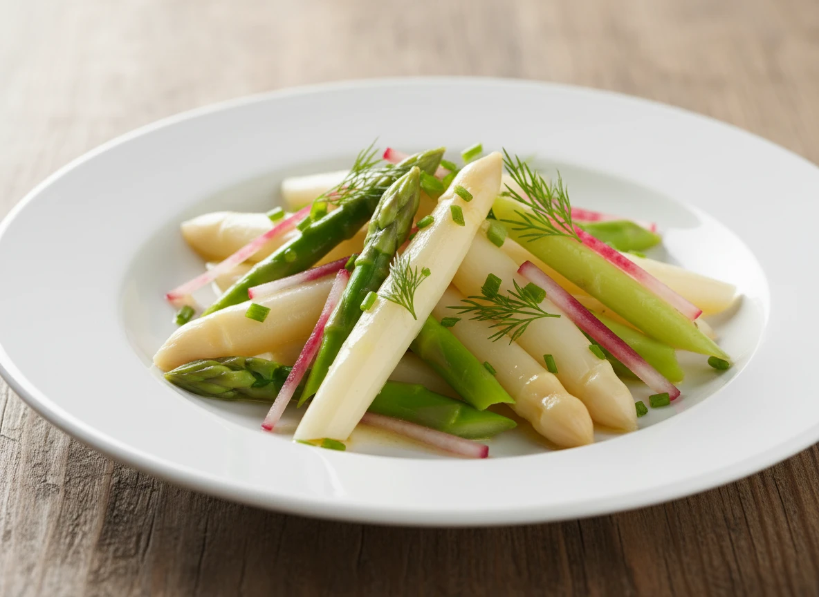 Ein Teller mit Spargel und Radieschen.