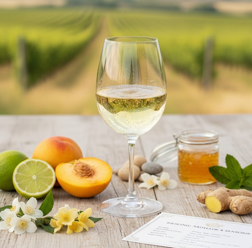 Glas Wein mit Früchten Ein Glas Wein neben Früchten und einem Zettel.