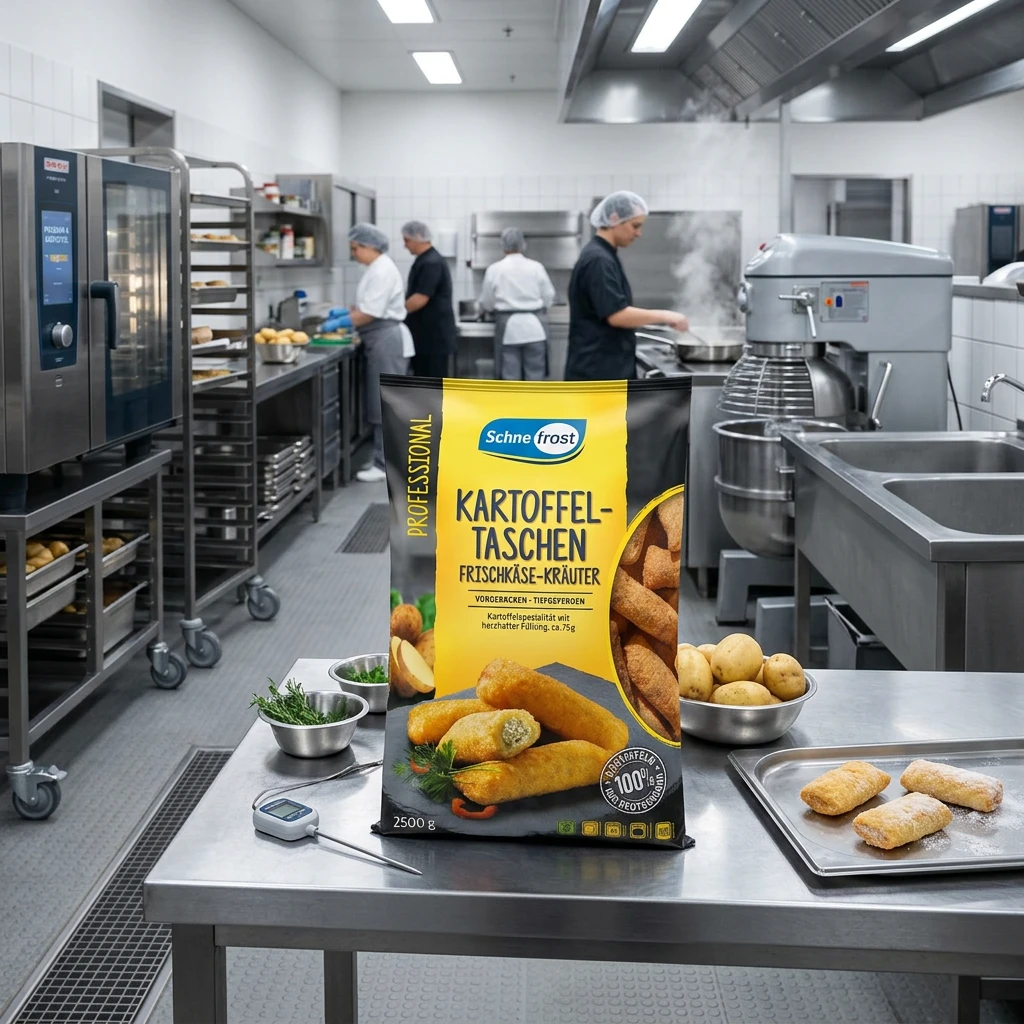 Eine Packung mit Kartoffeltaschen in einer Großküche.