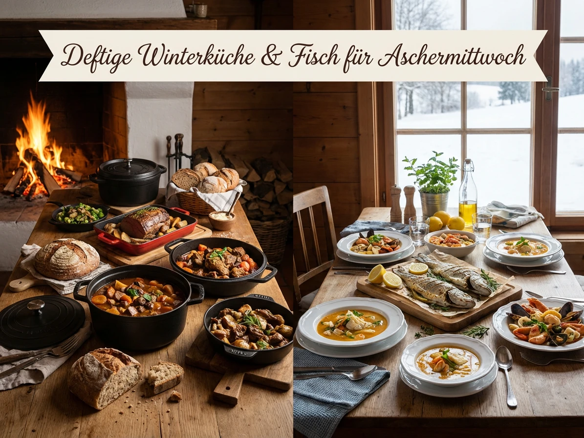 Deftige Winterküche und Fischgerichte für Karfreitag Collage von verschiedenen Speisen auf einem Tisch