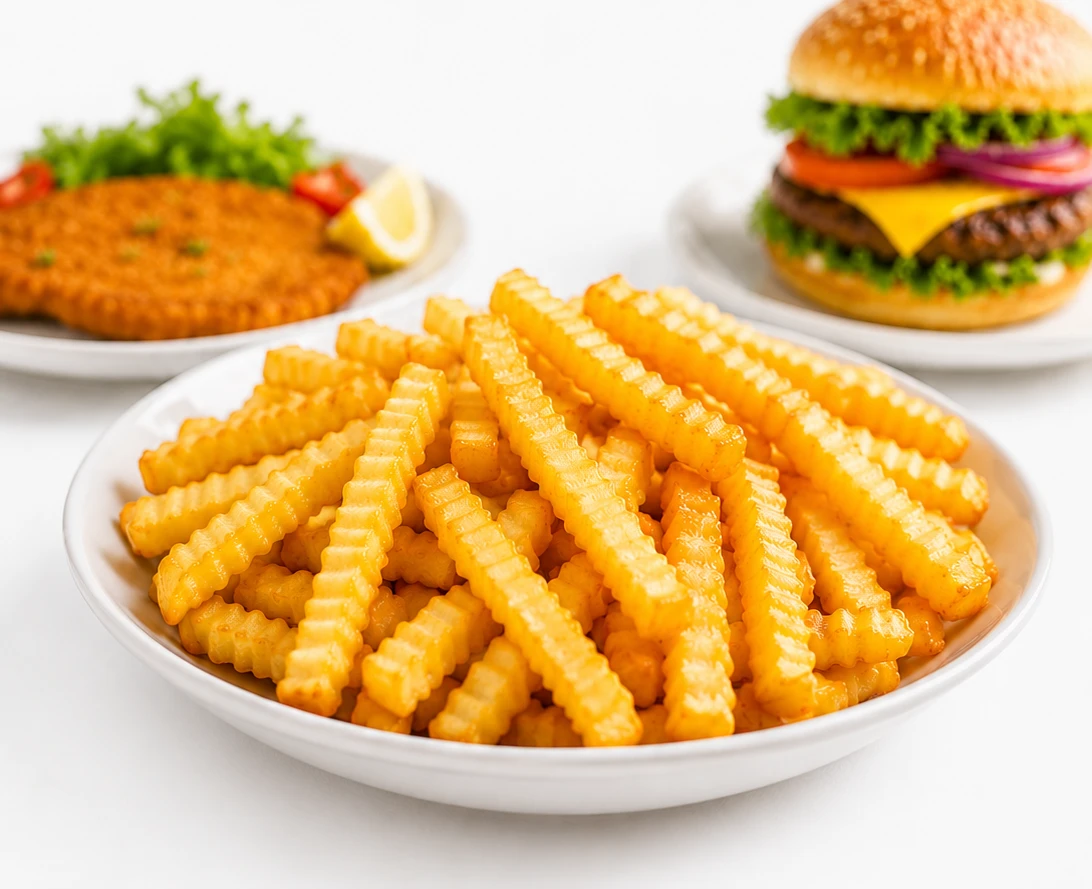 Ein Teller mit Pommes und einem Burger. Ein Teller mit Pommes frites und einem Burger.