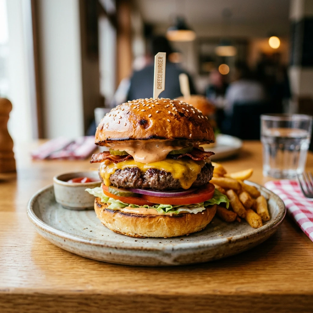 Ein Burger mit Pommes auf einem Teller.