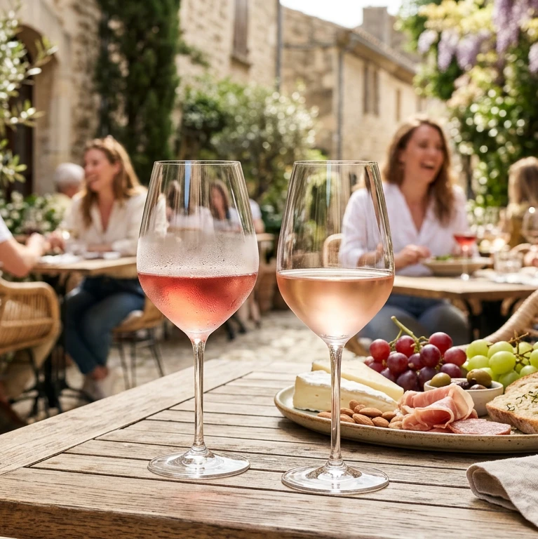 Weingläser auf einem Tisch mit Speisen Weingläser auf einem Tisch mit Speisen