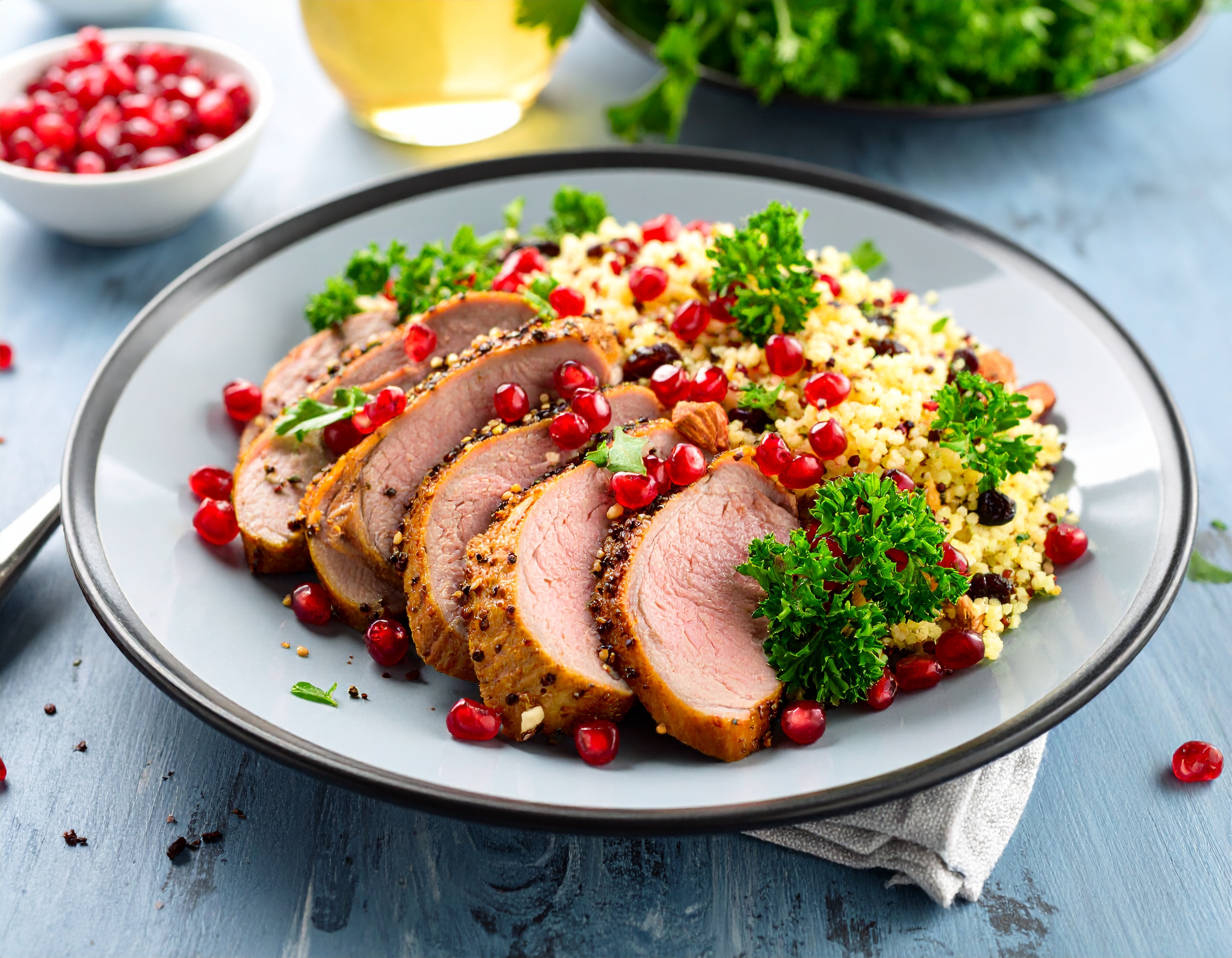 Ein Teller mit geräucherter Entenbrust und marokkanischem Couscous-Salat