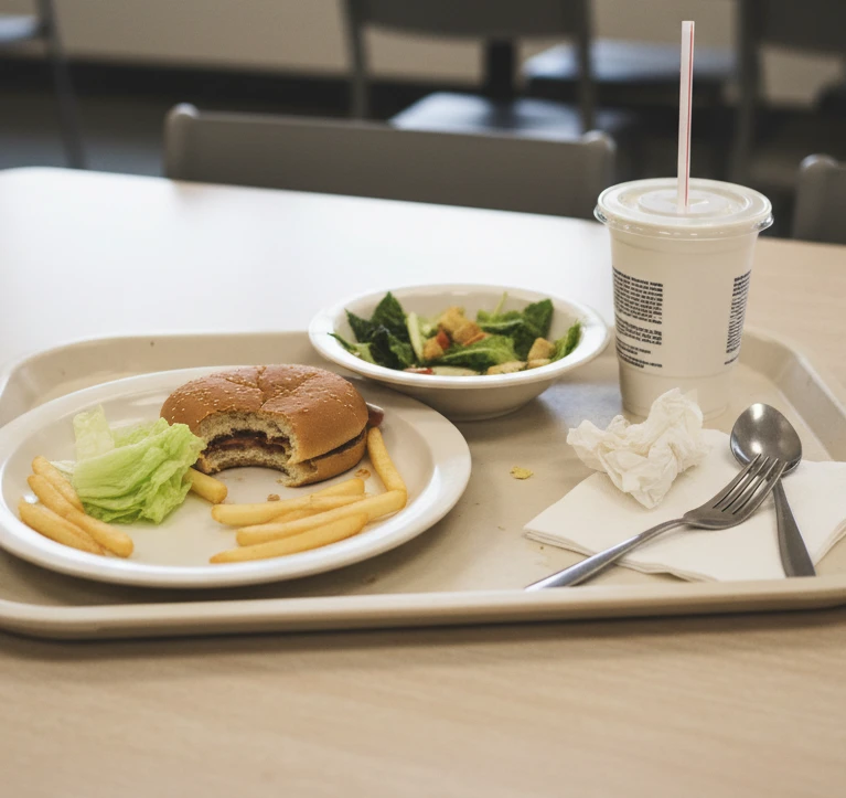 Tablett mit Essensresten Ein Tablett mit Essensresten