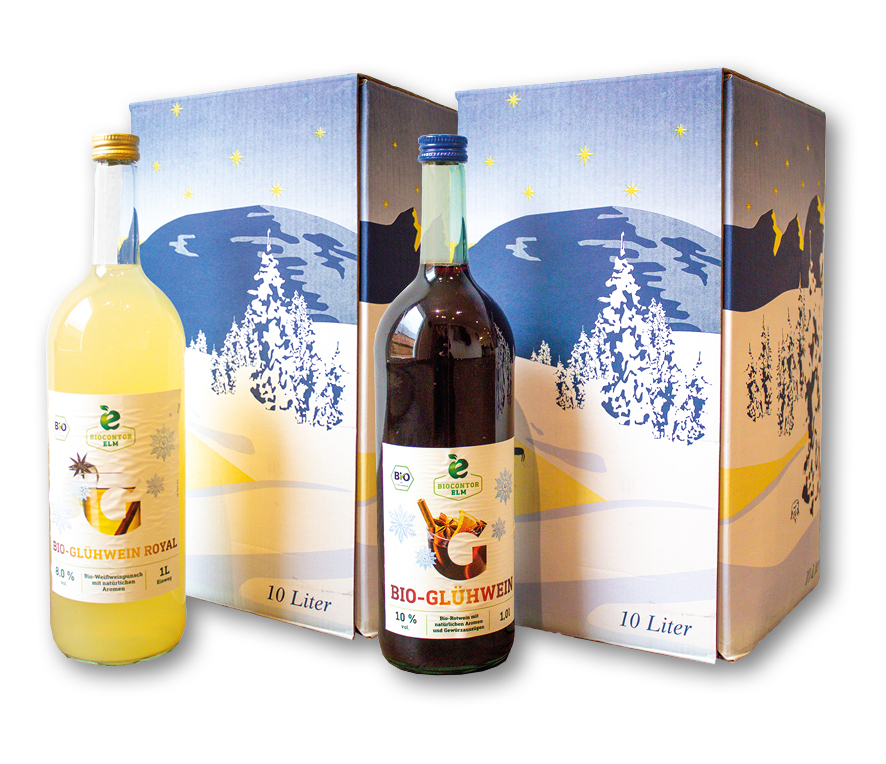 Bio-Glühwein rot und weiß in Literflasche und Bag-in-Box