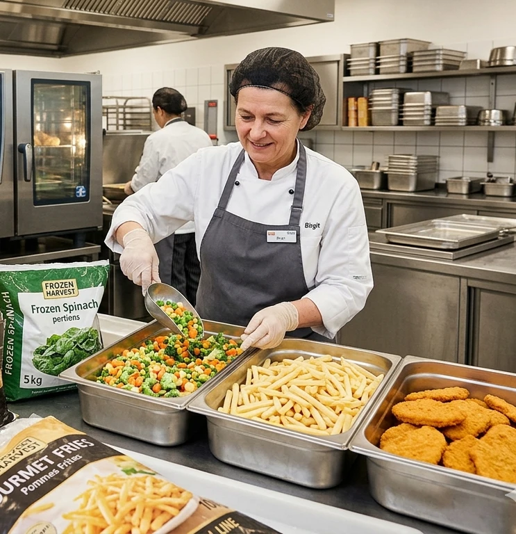 Eine Frau in einer Küche bereitet Essen zu. Eine Frau in einer Küche bereitet Essen zu.