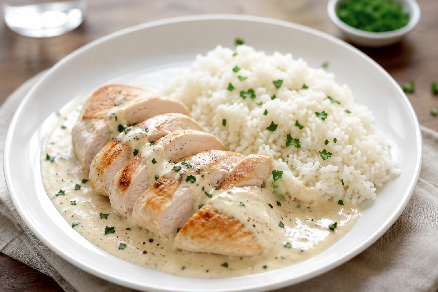Hähnchenbrustfilet mit Reis und Rahmsoße Hähnchenbrustfilet mit Reis und Rahmsoße