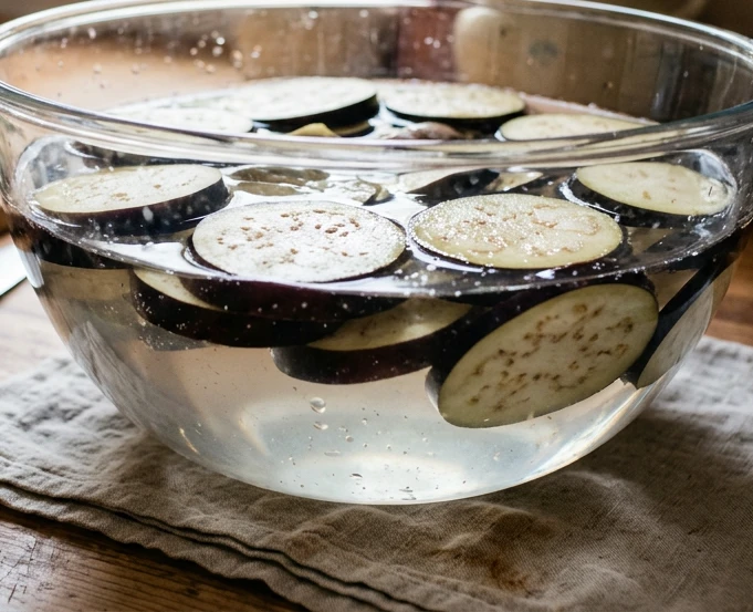 Eine Schüssel mit Auberginenscheiben in Wasser