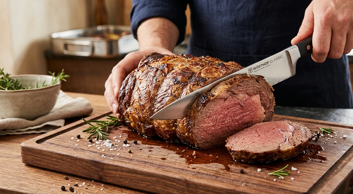 Eine Person schneidet ein Stück Fleisch.