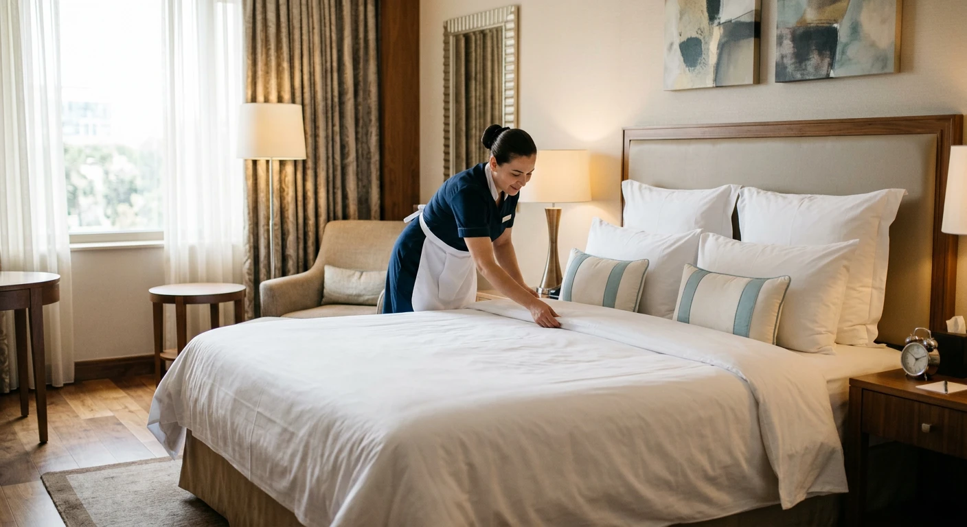 Eine Frau macht ein Bett im Schlafzimmer.