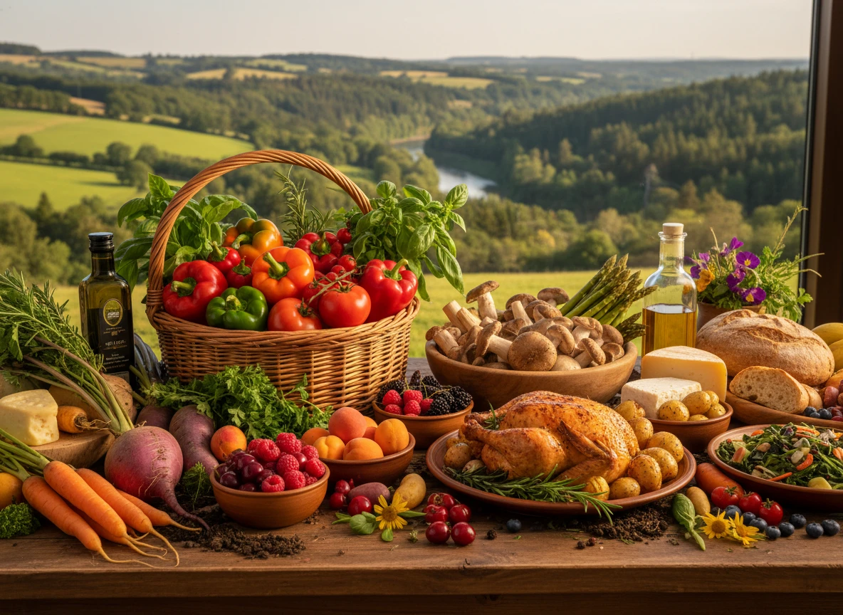 Ein Tisch mit einer Auswahl an natürlichen und lokalen Lebensmitteln, im Hintergrund ein Tal. Ein Tisch mit einer Auswahl an natürlichen und lokalen Lebensmitteln, im Hintergrund ein Tal.