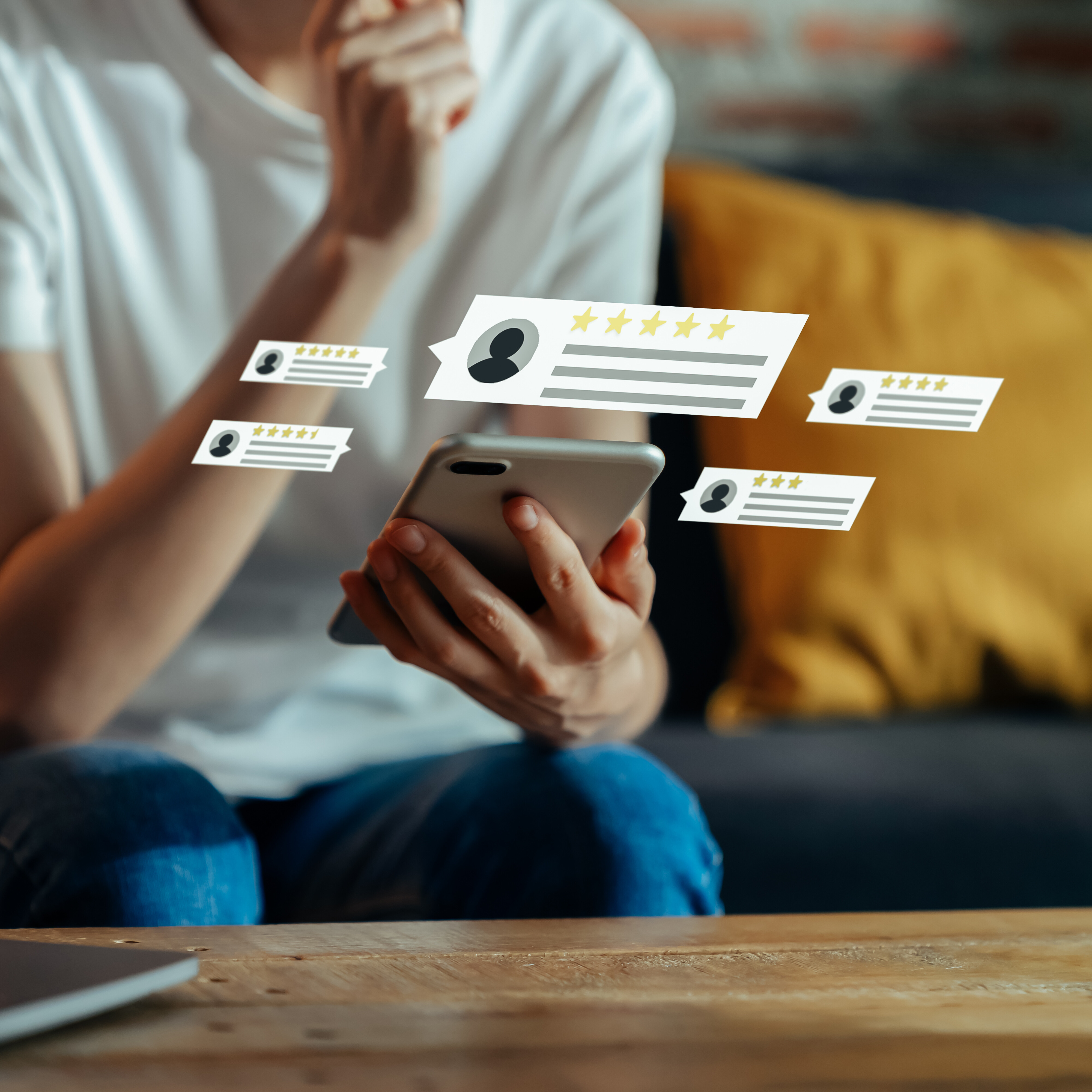 Person hält ein Telefon und checkt Kundenbewertungen