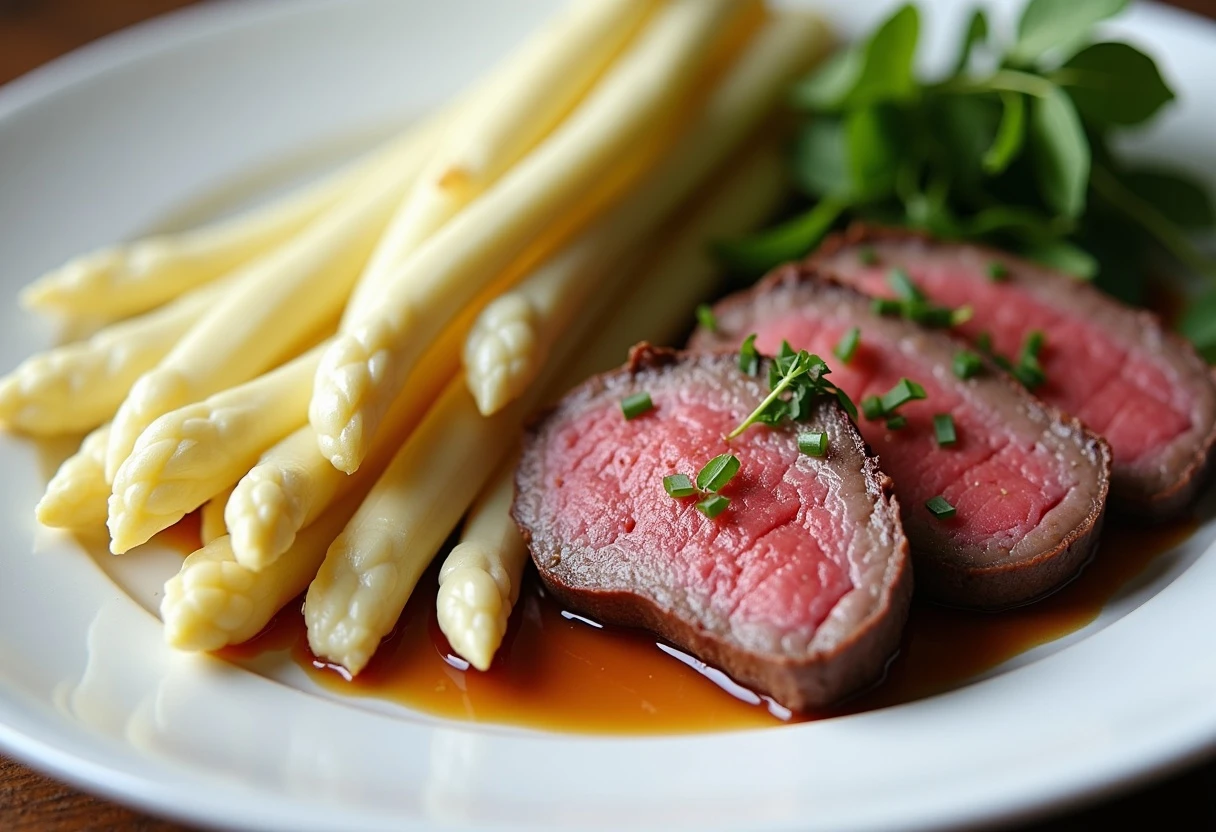 Ein Teller mit Steak und Spargel. Ein Teller mit Steak und Spargel.