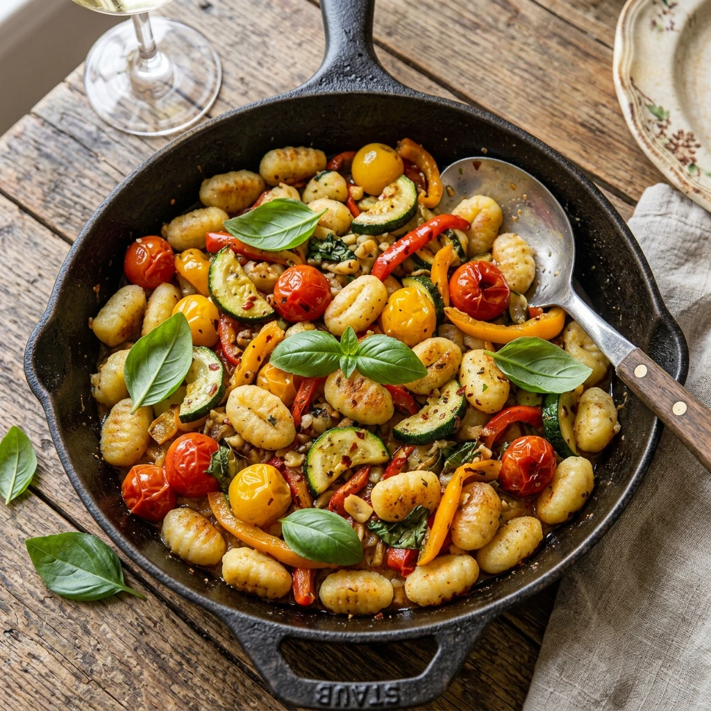 Eine Gnocci Pfanne mit Gemüse Eine Pfanne mit Essen und einem Löffel.
