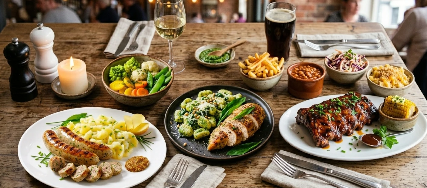 Ein Tisch mit Tellern voller Speisen und Gläsern Wein.