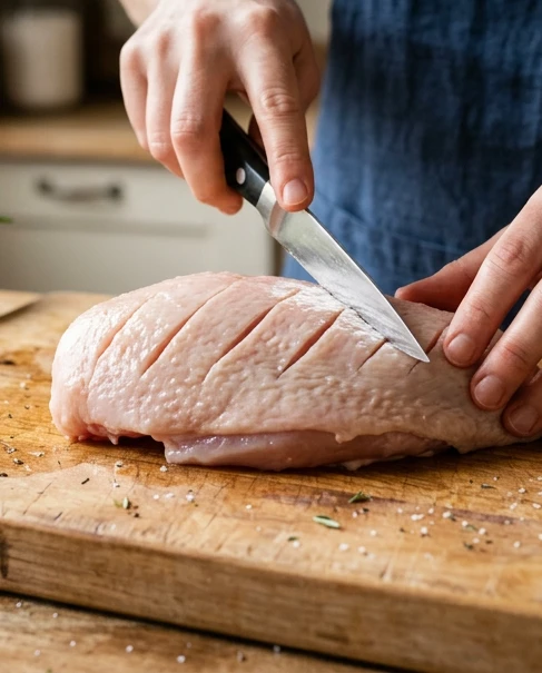 Eine Person schneidet ein Stück Fleisch.