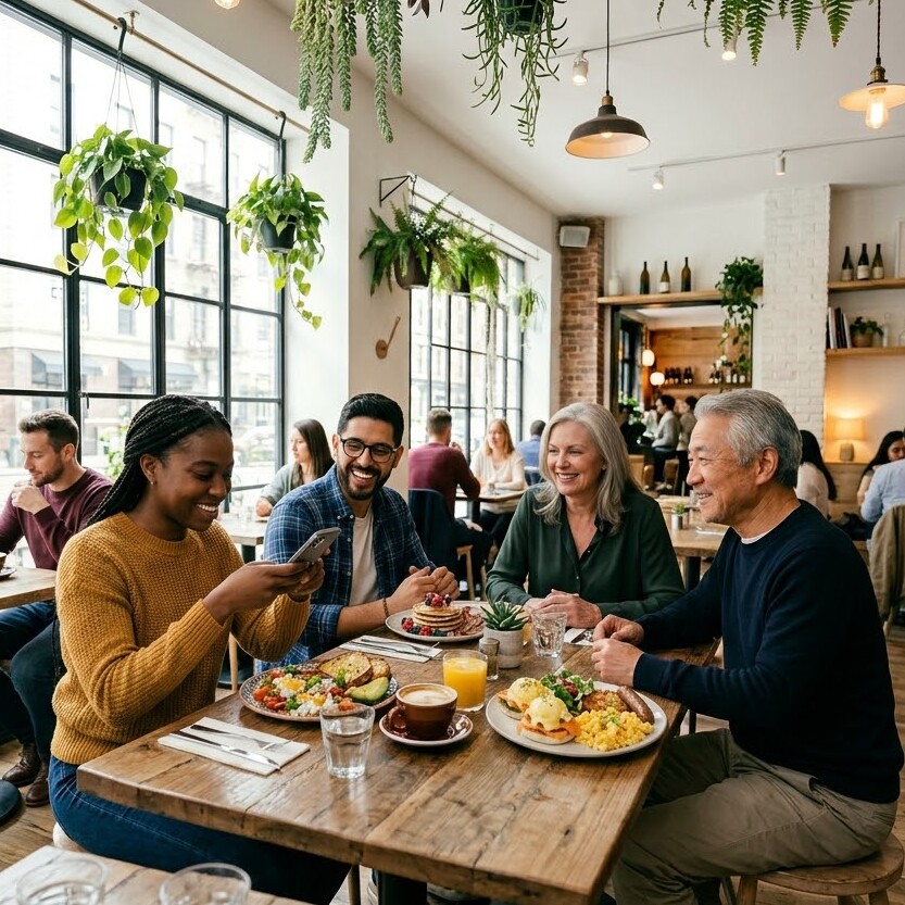 Eine Gruppe von Menschen isst gemeinsam an einem Tisch.
