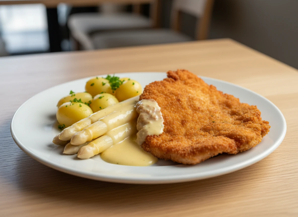 Ein Teller mit Schnitzel auf einem Tisch.
