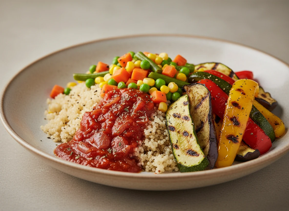 Quinoa-Bowl mit Gemüse und Tomatensauce auf einem Teller