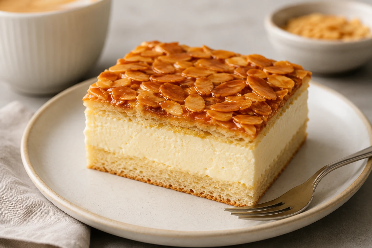 Ein Stück Kuchen mit Mandelblättchen obendrauf.