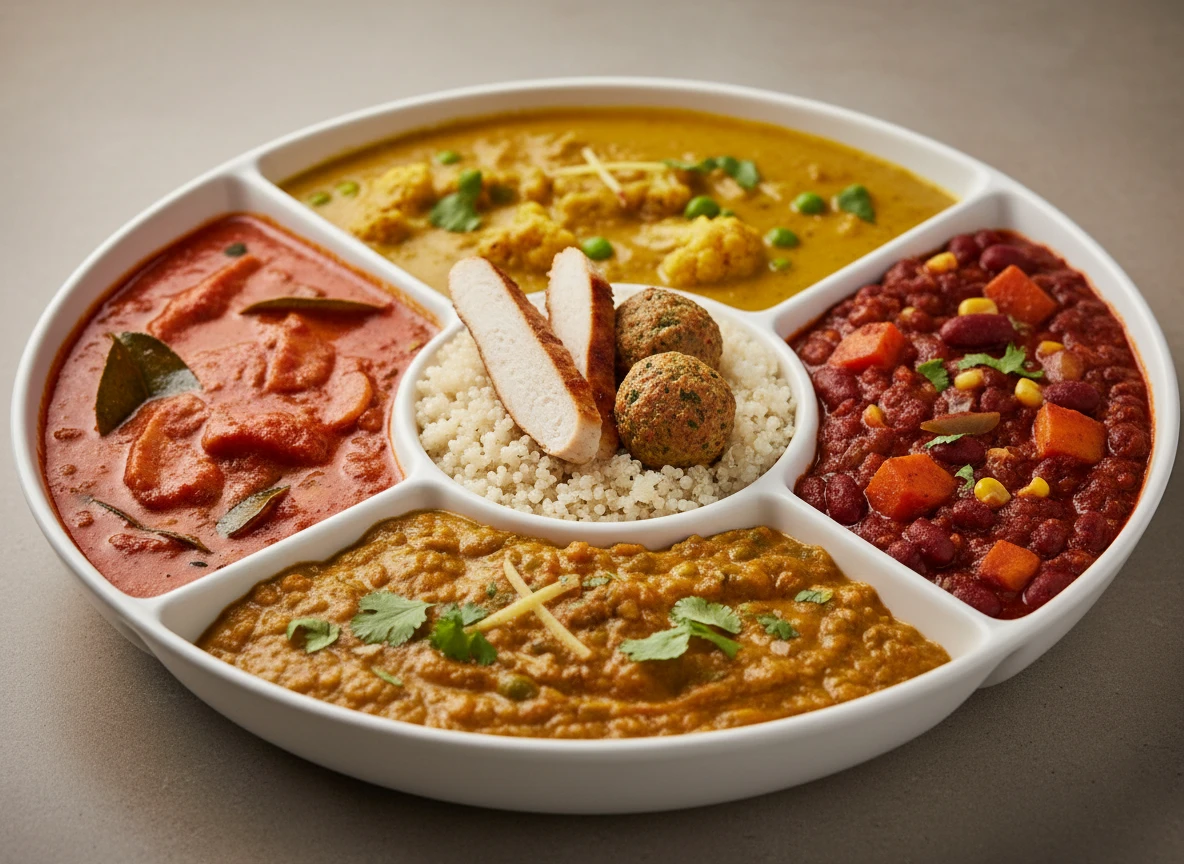 Verschiedene Sorten Curry mit Quinoa, veganen Chickenfilet und veganen Bällchen auf einem Teller angerichtet 