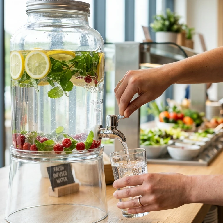 Eine Person gießt Wasser in ein Glas.
