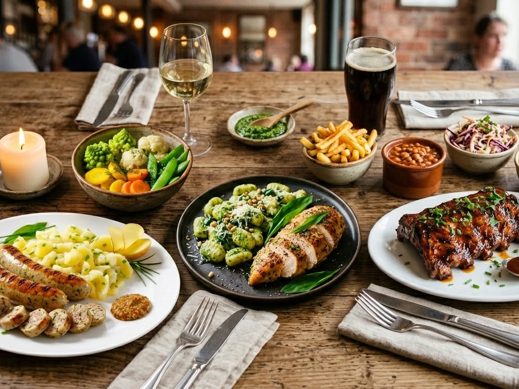 Ein Tisch mit Tellern voller Speisen und Gläsern Wein.