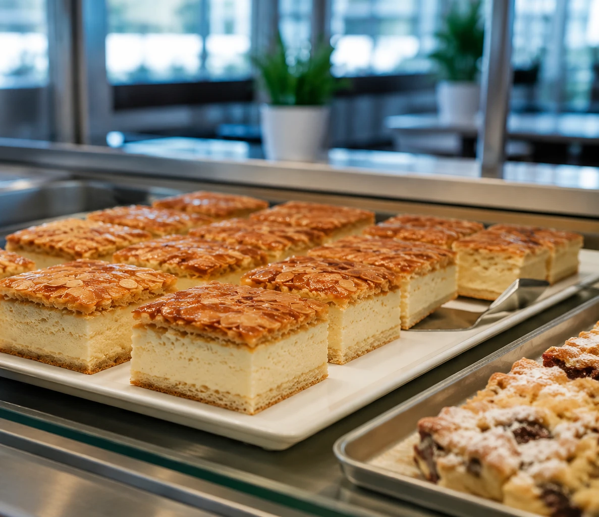 Ein Tablett mit Kuchen auf einer Theke.