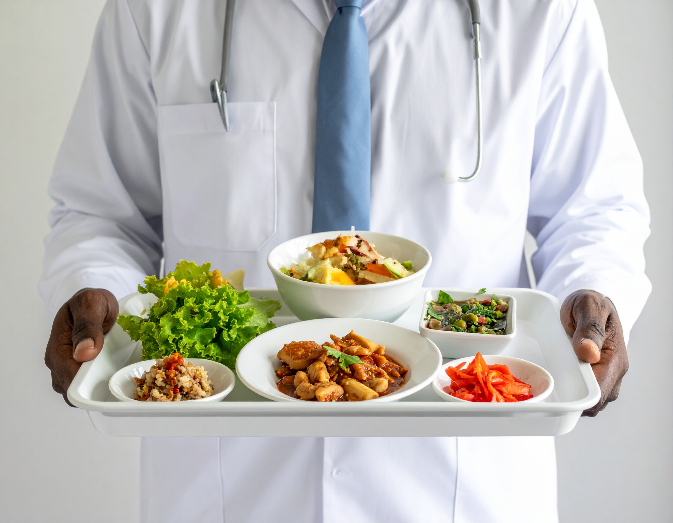 Eine Person hält ein Tablett mit Essen. Eine Person hält ein Tablett mit Essen.