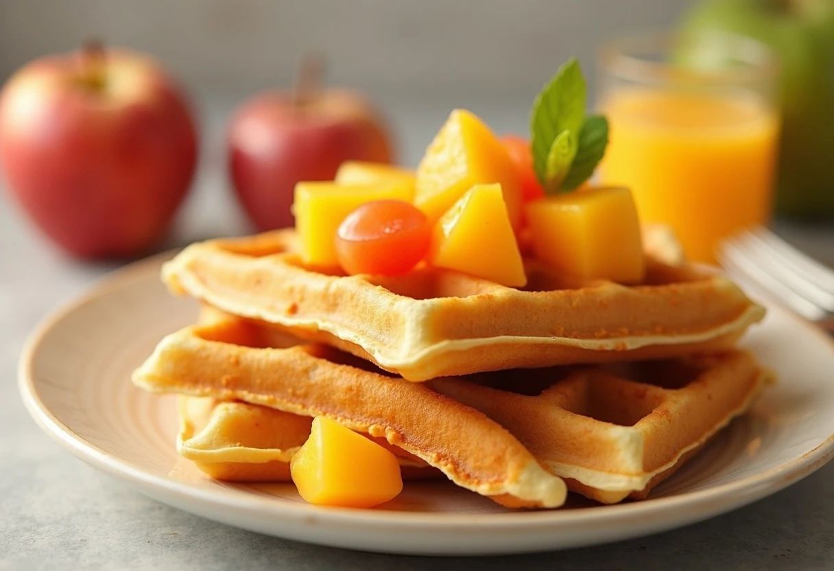 Waffeln mit Obstsalat Ein Teller mit Waffeln und Obst darauf.