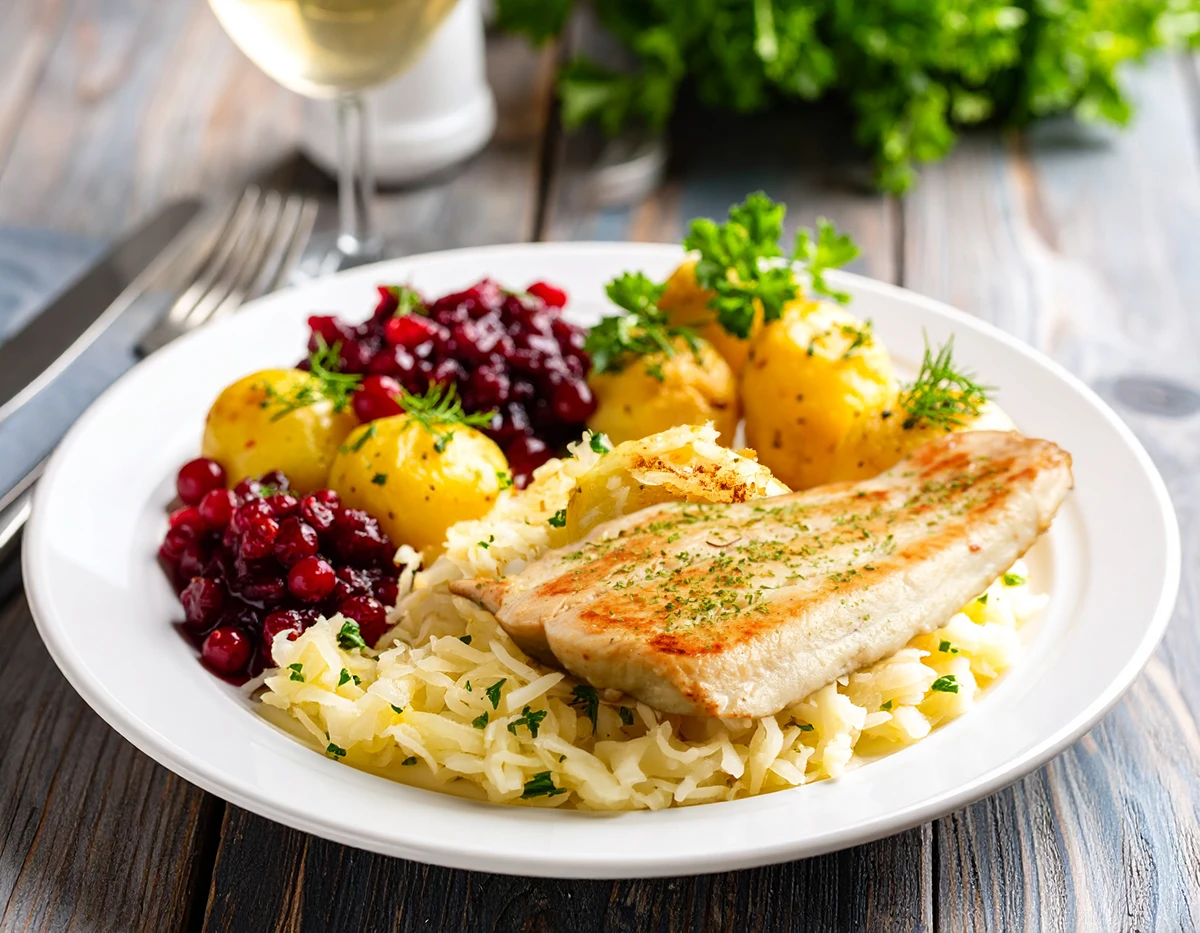 Karpfenfilet auf Rahmsauerkraut mit Preiselbeersoße und Pellkartoffeln Ein Teller mit Karpfenfilet auf Rahmsauerkraut mit Preiselbeersoße und Pellkartoffeln