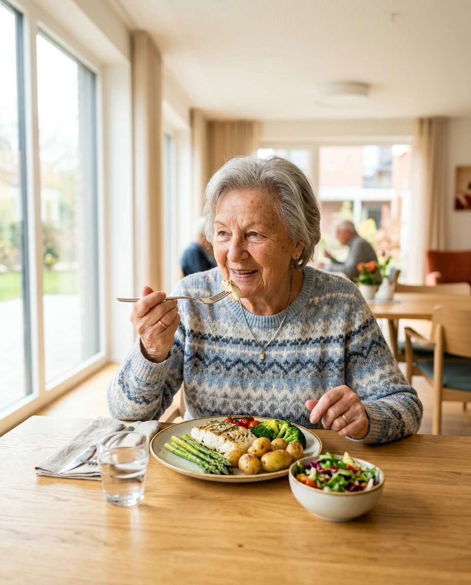 Eine Frau isst einen Teller mit Essen. Eine Frau isst einen Teller mit Essen.