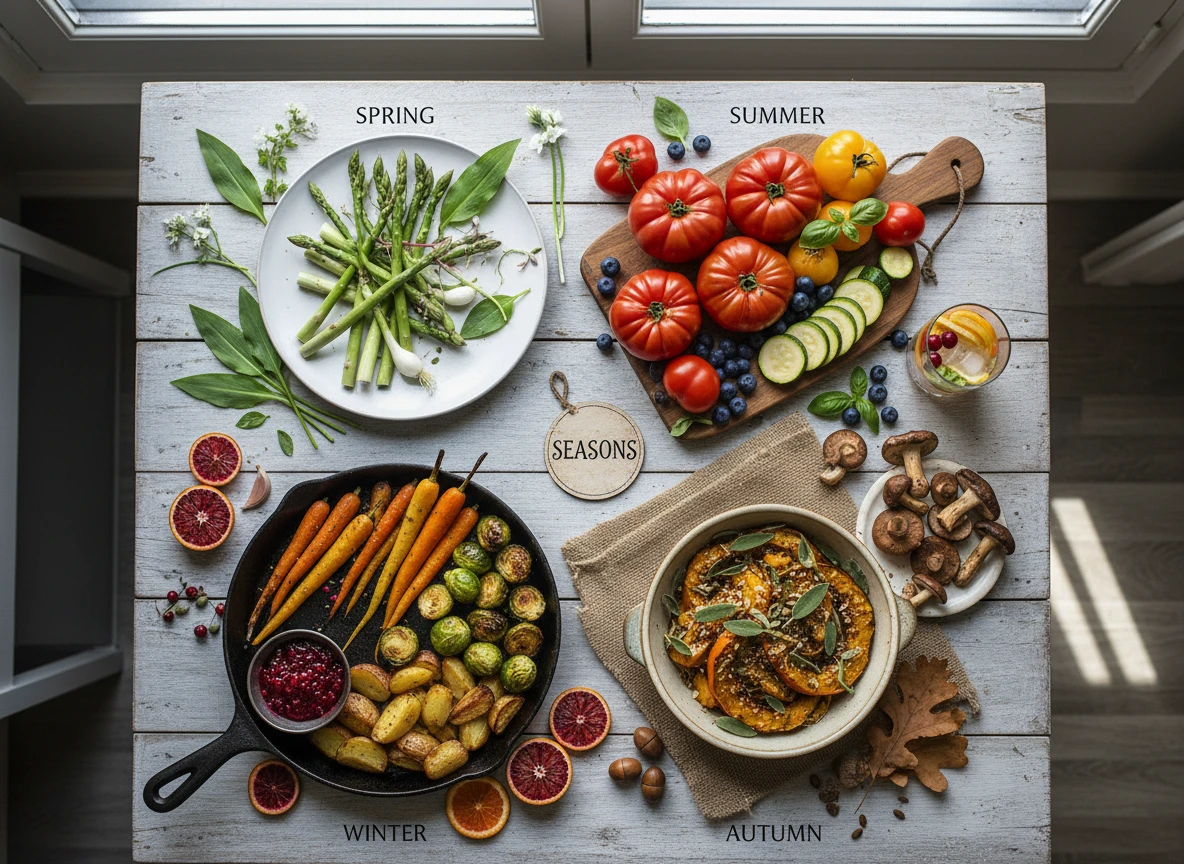 Ein Tisch mit verschiedenen Lebensmitteln. Ein Tisch mit verschiedenen Lebensmitteln.