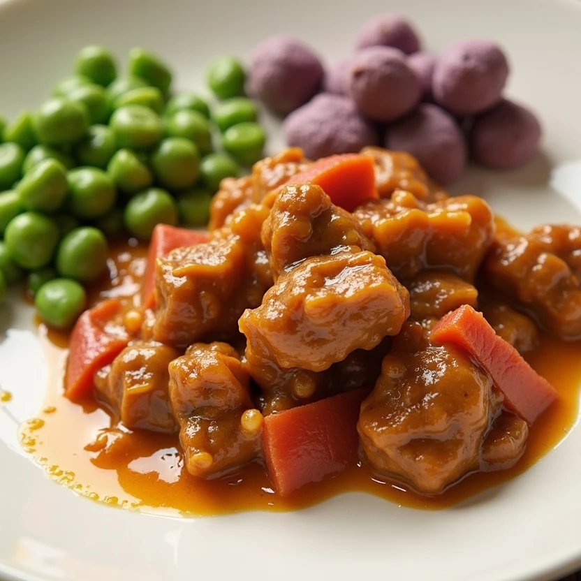 Ein Teller mit Fleisch, Edamame und lila Gnocchi Ein Teller mit Fleisch, Edamame und lila Gnocchi