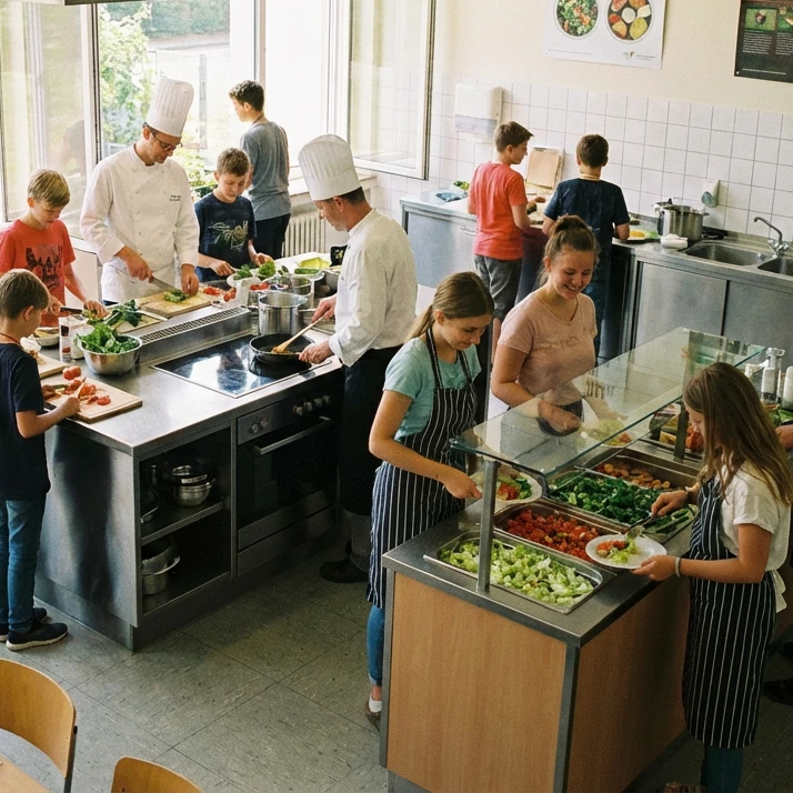 Eine Gruppe von Menschen in einer Küche.