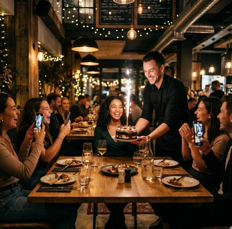 Ein Kellner überreicht einer Gruppe von Menschen eine Geburtstagstorte.