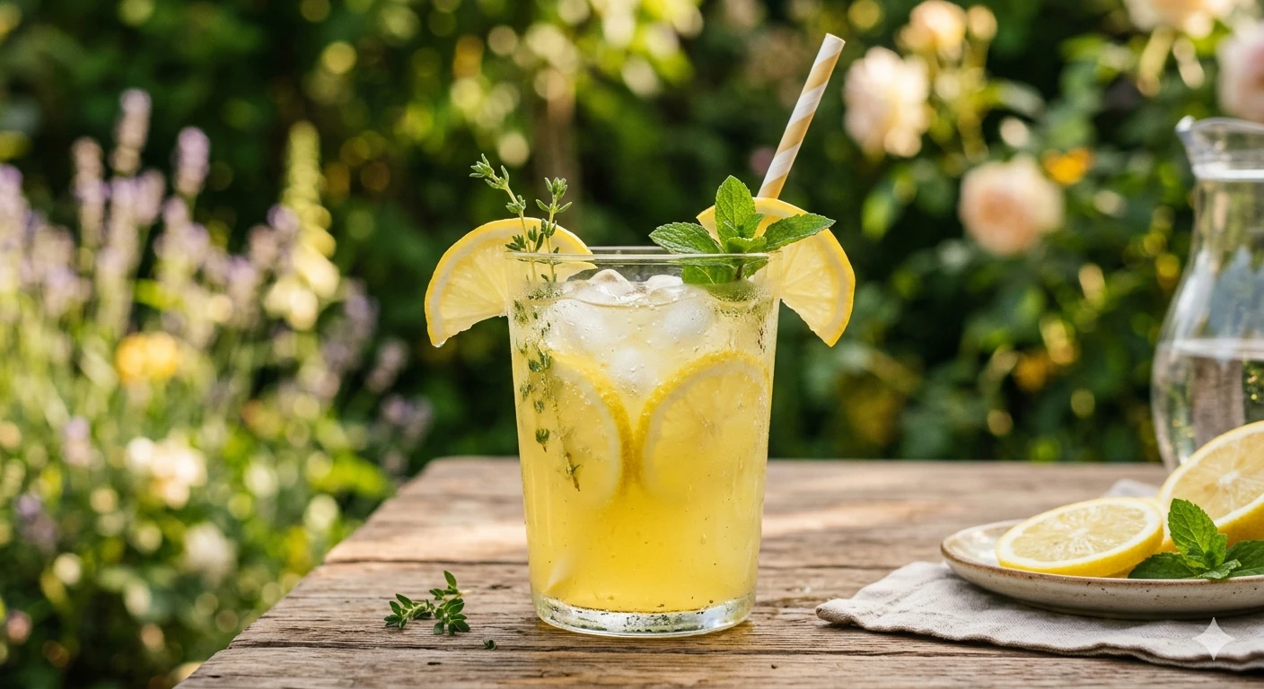 Ein Glas Limonade mit Zitronenscheiben und Minzblättern.