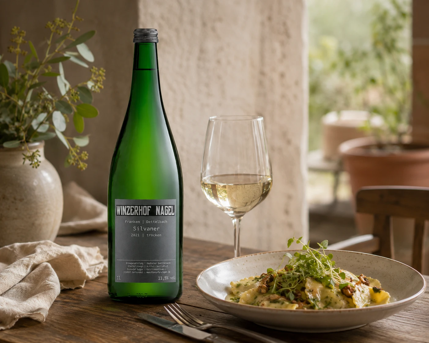 Eine Flasche Wein und ein Teller Pasta auf einem Tisch. Eine Flasche Wein und ein Teller Pasta auf einem Tisch.