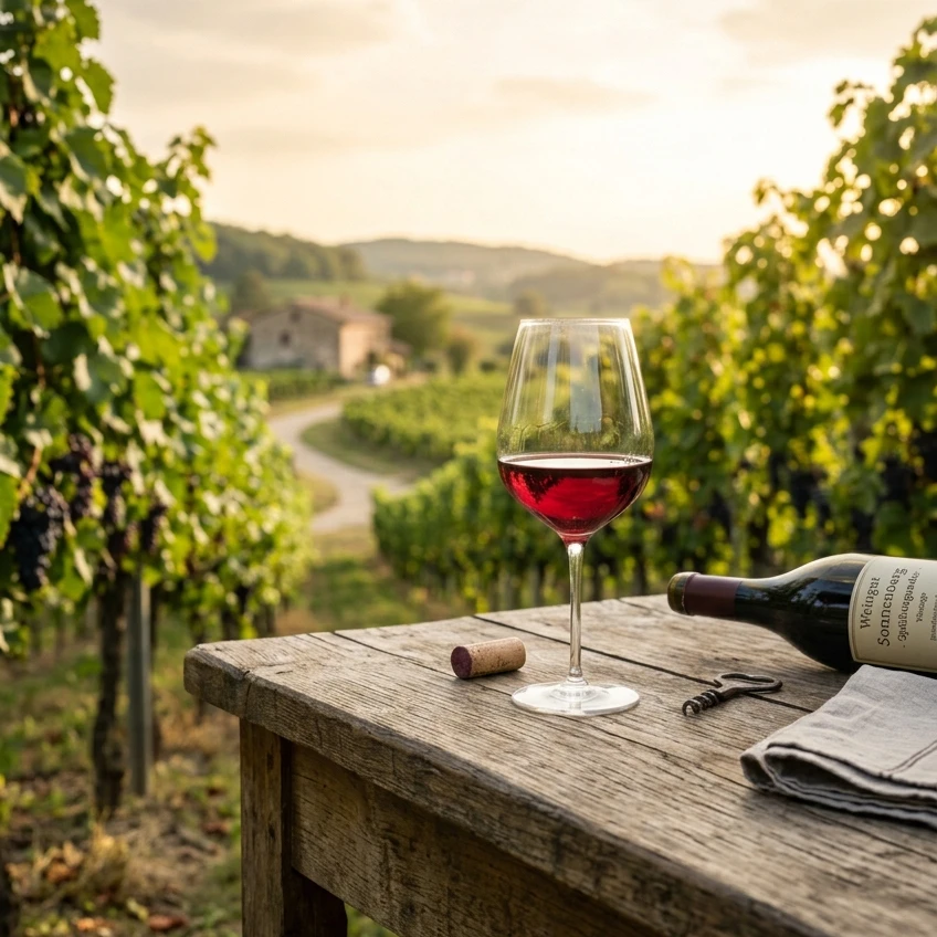 Ein Glas Wein und eine Flasche auf einem Tisch. Ein Glas Wein und eine Flasche auf einem Tisch.