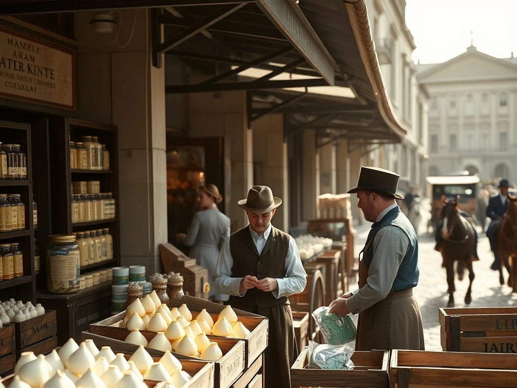 Kunde kauft Käse an einem traditionellen Marktstand aus dem 18. Jahrhundert